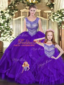 Eggplant Purple Ball Gowns Beading and Ruffles Quinceanera Gowns Lace Up Tulle Sleeveless Floor Length