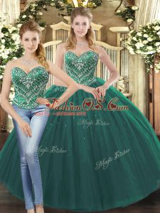 Comfortable Dark Green Tulle Lace Up Sweetheart Sleeveless Floor Length 15th Birthday Dress Beading