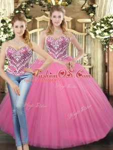 Amazing Floor Length Lace Up Quinceanera Gowns Rose Pink for Military Ball and Sweet 16 and Quinceanera with Beading