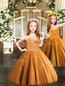 Orange Little Girls Pageant Gowns Party with Beading Spaghetti Straps Sleeveless Lace Up