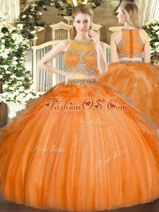 Sexy Orange Tulle Zipper Scoop Sleeveless Floor Length 15th Birthday Dress Beading