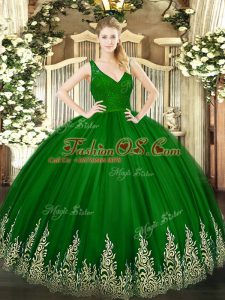 Green Backless V-neck Beading and Lace and Appliques Quinceanera Gowns Tulle Sleeveless