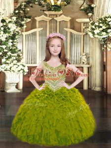Dramatic Floor Length Ball Gowns Sleeveless Olive Green Kids Pageant Dress Lace Up