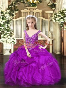 Modern Purple Ball Gowns Organza V-neck Sleeveless Beading and Ruffles Floor Length Lace Up Girls Pageant Dresses