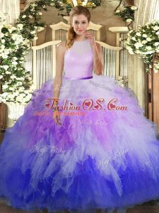 Multi-color Backless Quinceanera Gown Beading and Ruffles Sleeveless Floor Length