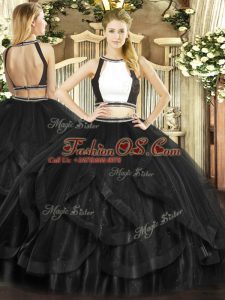 Eye-catching Floor Length Black Quince Ball Gowns Halter Top Sleeveless Backless