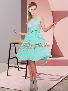 Modest Apple Green Side Zipper Scoop Lace and Bowknot Wedding Guest Dresses Chiffon Sleeveless