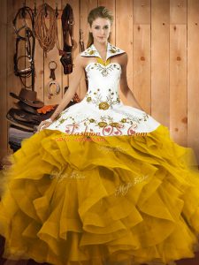 Latest Gold Ball Gowns Embroidery and Ruffles Quince Ball Gowns Lace Up Tulle Sleeveless Floor Length