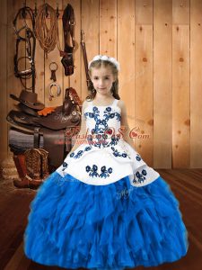 Affordable Blue Ball Gowns Straps Sleeveless Organza Floor Length Lace Up Embroidery and Ruffles Custom Made Pageant Dress