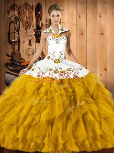 Trendy Gold Sleeveless Floor Length Embroidery and Ruffles Lace Up Ball Gown Prom Dress