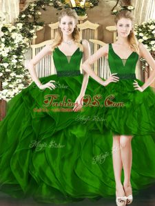 Great Dark Green Straps Neckline Beading and Ruffles Quinceanera Dress Sleeveless Lace Up