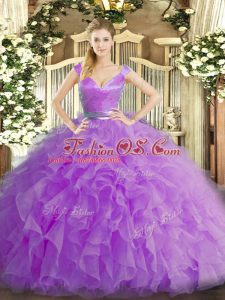 Lilac Organza Zipper 15 Quinceanera Dress Sleeveless Floor Length Ruffles