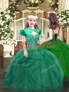 Beading and Ruffles Pageant Dress for Girls Dark Green Lace Up Sleeveless Floor Length