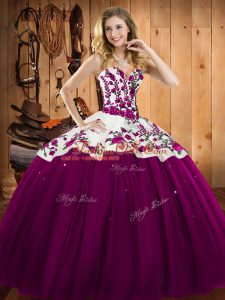 Designer Fuchsia Lace Up Sweetheart Embroidery Sweet 16 Dress Satin and Tulle Sleeveless