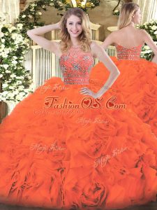 Sleeveless Tulle Floor Length Zipper Quinceanera Gowns in Orange Red with Beading and Ruffles