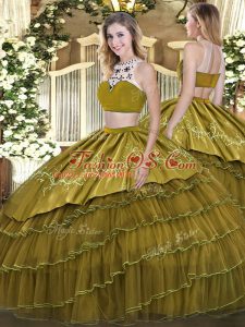 Ideal Olive Green High-neck Neckline Beading and Embroidery and Ruffled Layers Quinceanera Dresses Sleeveless Backless