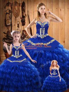 Blue Satin and Organza Lace Up Quince Ball Gowns Sleeveless Floor Length Embroidery and Ruffled Layers