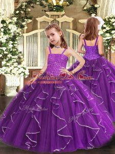 Simple Purple High School Pageant Dress Party and Sweet 16 and Quinceanera and Wedding Party with Beading and Ruffles Straps Sleeveless Lace Up
