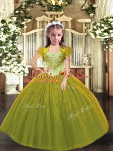 Floor Length Olive Green Little Girl Pageant Dress Tulle Sleeveless Beading