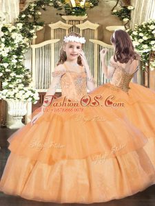 Beauteous Orange Lace Up Little Girl Pageant Dress Beading and Ruffled Layers Sleeveless Floor Length