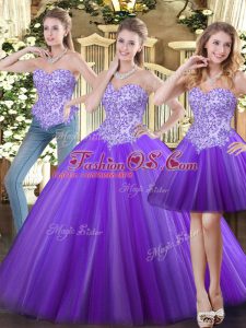 Sleeveless Tulle Floor Length Lace Up Vestidos de Quinceanera in Eggplant Purple with Beading