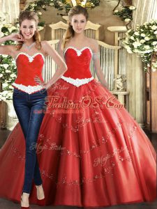 Exquisite Ball Gowns Vestidos de Quinceanera Coral Red Sweetheart Tulle Sleeveless Floor Length Lace Up
