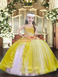 Trendy Light Yellow Ball Gowns Tulle Straps Sleeveless Beading Floor Length Lace Up Little Girls Pageant Dress