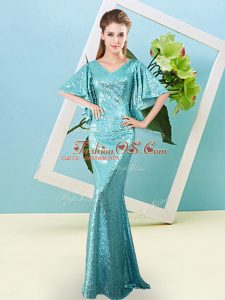 Aqua Blue Sequined Zipper Prom Party Dress Half Sleeves Floor Length Sequins