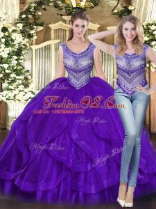 Tulle Scoop Sleeveless Lace Up Beading and Ruffles Quinceanera Gown in Purple