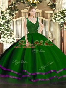 Superior Dark Green Backless Quinceanera Gowns Beading and Lace and Ruffled Layers Sleeveless Floor Length