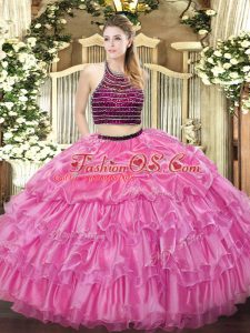 Glamorous Rose Pink Ball Gowns Organza Halter Top Sleeveless Beading and Ruffled Layers Floor Length Zipper Sweet 16 Quinceanera Dress