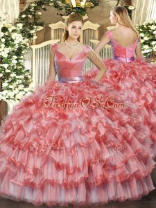 Free and Easy Ball Gowns Quinceanera Dress Watermelon Red V-neck Organza Sleeveless Floor Length Zipper