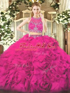 Fuchsia Sleeveless Fabric With Rolling Flowers Zipper Quinceanera Dress for Military Ball and Sweet 16 and Quinceanera and Beach