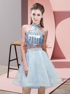 Extravagant A-line Wedding Guest Dresses Light Blue Halter Top Chiffon Sleeveless Mini Length Backless