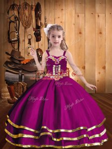 Fuchsia Straps Lace Up Beading and Ruffled Layers Kids Formal Wear Sleeveless