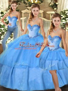 Sleeveless Organza Floor Length Lace Up Quinceanera Dress in Baby Blue with Beading and Ruffled Layers