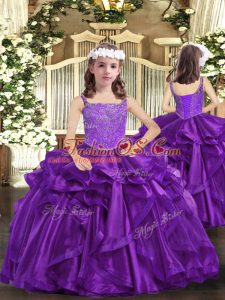 Eggplant Purple and Purple Sleeveless Floor Length Beading Lace Up Pageant Dress for Girls