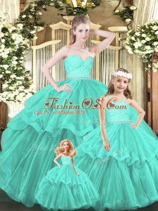 Aqua Blue 15 Quinceanera Dress Military Ball and Sweet 16 and Quinceanera with Lace and Ruffled Layers Sweetheart Sleeveless Lace Up