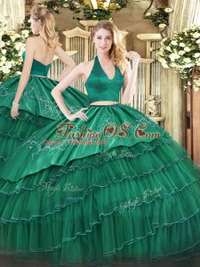 Noble Dark Green Halter Top Zipper Embroidery and Ruffled Layers 15 Quinceanera Dress Sleeveless