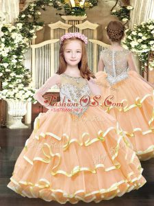 Fancy Orange Zipper Little Girl Pageant Gowns Beading and Ruffled Layers Sleeveless Floor Length