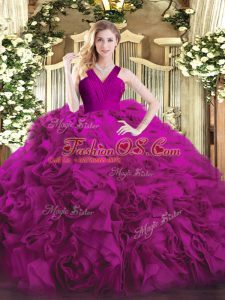 Fuchsia Ball Gowns Organza and Fabric With Rolling Flowers V-neck Sleeveless Ruffles Floor Length Zipper Sweet 16 Quinceanera Dress