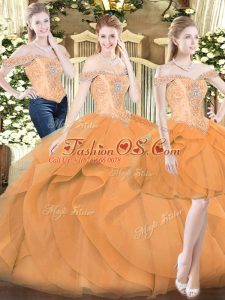 Floor Length Lace Up Quinceanera Dress Orange Red for Military Ball and Sweet 16 and Quinceanera with Ruffles