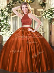 Enchanting Halter Top Sleeveless 15th Birthday Dress Floor Length Beading Rust Red Tulle