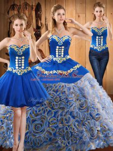 Multi-color Three Pieces Sweetheart Sleeveless Satin and Fabric With Rolling Flowers With Train Sweep Train Lace Up Embroidery Sweet 16 Quinceanera Dress