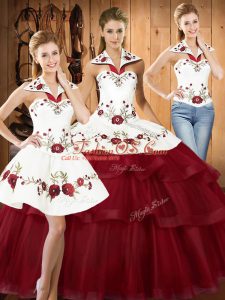 With Train Wine Red Sweet 16 Quinceanera Dress Satin and Organza Sweep Train Sleeveless Embroidery and Ruffled Layers