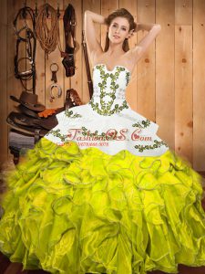 Yellow Green Ball Gowns Satin and Organza Strapless Sleeveless Embroidery and Ruffles Floor Length Lace Up Sweet 16 Dress