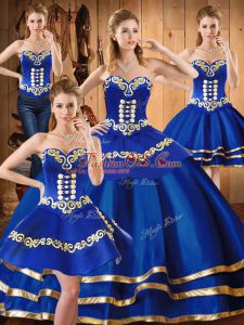 Sleeveless Satin and Tulle Floor Length Lace Up Sweet 16 Dress in Blue with Embroidery