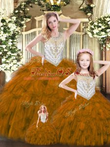 Fantastic Tulle Scoop Sleeveless Lace Up Beading and Ruffles Vestidos de Quinceanera in Brown