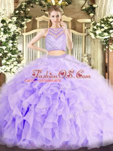 Flirting Lavender Sleeveless Floor Length Beading and Ruffles Zipper Quinceanera Dresses