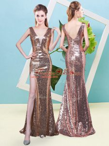 Wonderful Sequined V-neck Sleeveless Zipper Sequins Prom Dress in Gold